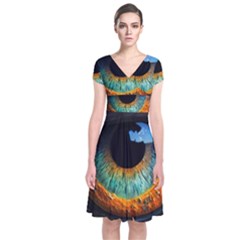 Eye Bird Feathers Vibrant Short Sleeve Front Wrap Dress by Hannah976