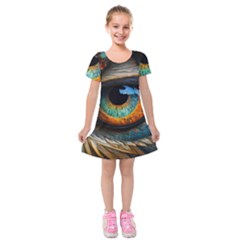 Eye Bird Feathers Vibrant Kids  Short Sleeve Velvet Dress