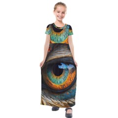 Eye Bird Feathers Vibrant Kids  Short Sleeve Maxi Dress by Hannah976