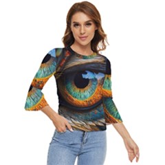 Eye Bird Feathers Vibrant Bell Sleeve Top