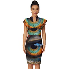 Eye Bird Feathers Vibrant Vintage Frill Sleeve V-neck Bodycon Dress by Hannah976