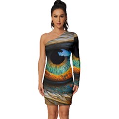 Eye Bird Feathers Vibrant Long Sleeve One Shoulder Mini Dress by Hannah976