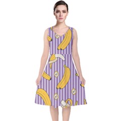 Pattern Bananas Fruit Tropical Seamless Texture Graphics V-neck Midi Sleeveless Dress  by Bedest