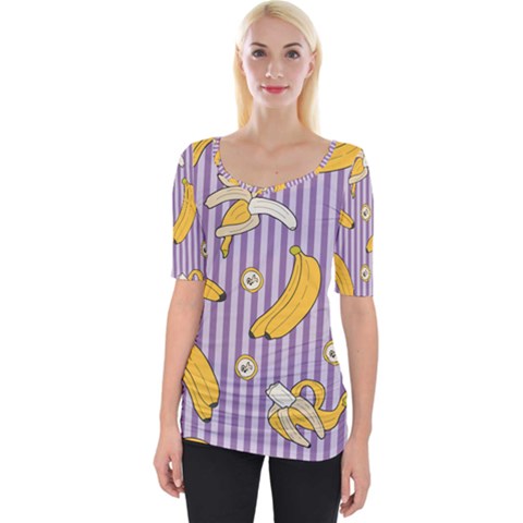 Pattern Bananas Fruit Tropical Seamless Texture Graphics Wide Neckline T-shirt by Bedest