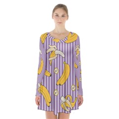 Pattern Bananas Fruit Tropical Seamless Texture Graphics Long Sleeve Velvet V-neck Dress