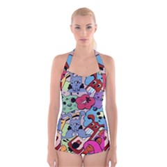 Graffiti Monster Street Theme Boyleg Halter Swimsuit  by Bedest