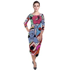 Graffiti Monster Street Theme Quarter Sleeve Midi Velour Bodycon Dress by Bedest