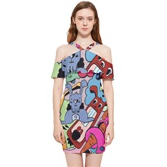 Graffiti Monster Street Theme Shoulder Frill Bodycon Summer Dress by Bedest