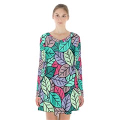 Pattern Leaves Background Nature Long Sleeve Velvet V-neck Dress