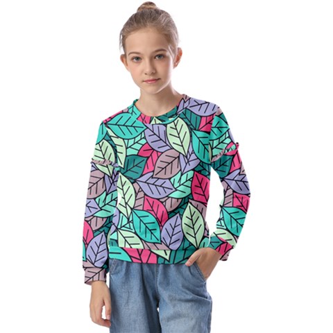 Pattern Leaves Background Nature Kids  Long Sleeve T-shirt With Frill  by Proyonanggan