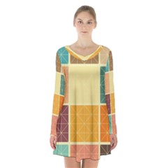 Square Cube Shape Colourful Long Sleeve Velvet V-neck Dress