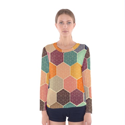 Abstract Hex Hexagon Grid Pattern Honeycomb Women s Long Sleeve T-shirt by Proyonanggan