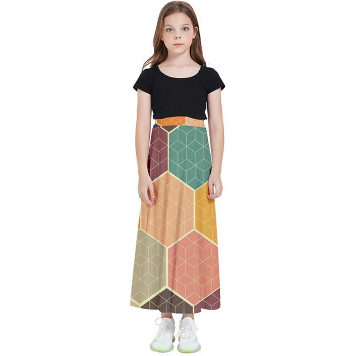 Abstract Hex Hexagon Grid Pattern Honeycomb Kids  Flared Maxi Skirt