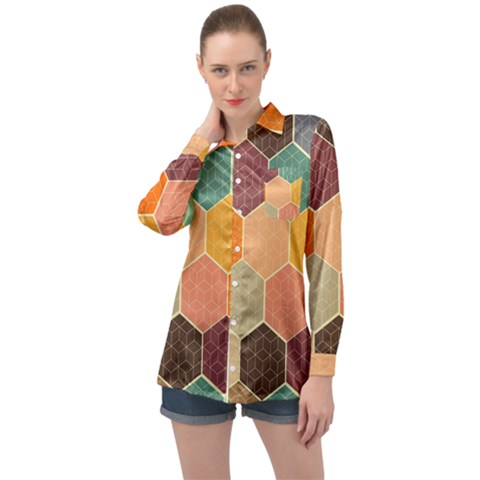 Abstract Hex Hexagon Grid Pattern Honeycomb Long Sleeve Satin Shirt by Proyonanggan