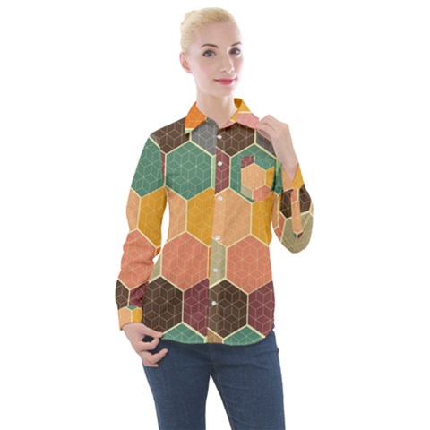 Abstract Hex Hexagon Grid Pattern Honeycomb Women s Long Sleeve Pocket Shirt by Proyonanggan