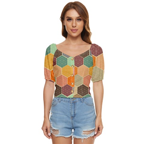 Abstract Hex Hexagon Grid Pattern Honeycomb Button Up Blouse by Proyonanggan