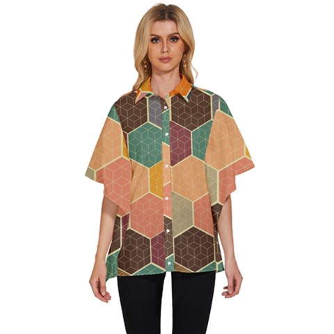 Abstract Hex Hexagon Grid Pattern Honeycomb Women s Batwing Button Up Shirt by Proyonanggan