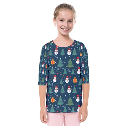 Snow Snowman Tree Christmas Tree Kids  Quarter Sleeve Raglan T-shirt by Ravend