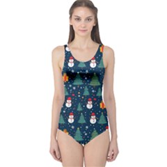 Snow Snowman Tree Christmas Tree One Piece Swimsuit by Ravend