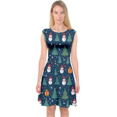 Snow Snowman Tree Christmas Tree Capsleeve Midi Dress by Ravend