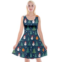 Snow Snowman Tree Christmas Tree Reversible Velvet Sleeveless Dress by Ravend