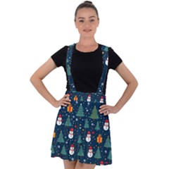 Snow Snowman Tree Christmas Tree Velvet Suspender Skater Skirt by Ravend