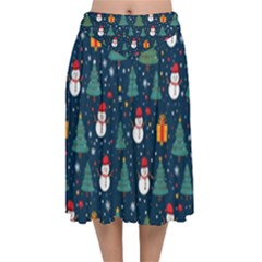 Snow Snowman Tree Christmas Tree Velvet Flared Midi Skirt