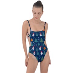 Snow Snowman Tree Christmas Tree Tie Strap One Piece Swimsuit by Ravend