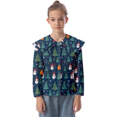 Snow Snowman Tree Christmas Tree Kids  Peter Pan Collar Blouse by Ravend