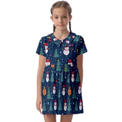 Snow Snowman Tree Christmas Tree Kids  Asymmetric Collar Dress by Ravend