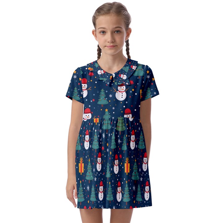 Snow Snowman Tree Christmas Tree Kids  Asymmetric Collar Dress