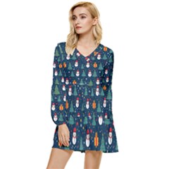 Snow Snowman Tree Christmas Tree Tiered Long Sleeve Mini Dress