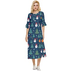 Snow Snowman Tree Christmas Tree Double Cuff Midi Dress