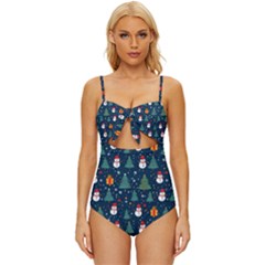 Snow Snowman Tree Christmas Tree Knot Front One-piece Swimsuit by Ravend