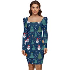 Snow Snowman Tree Christmas Tree Women Long Sleeve Ruched Stretch Jersey Dress