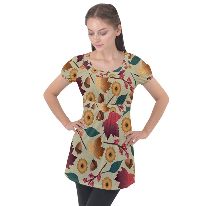 Autumn Leaves Colours Season Puff Sleeve Tunic Top