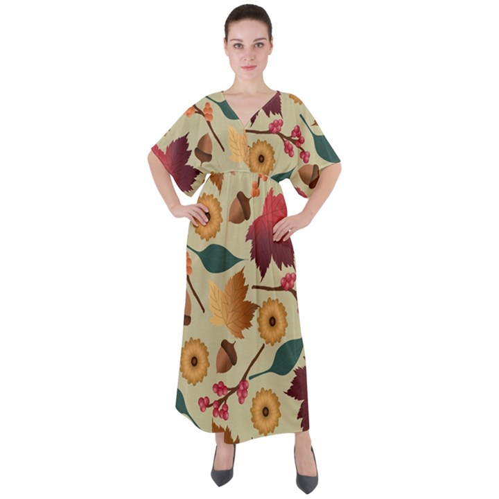 Autumn Leaves Colours Season V-Neck Boho Style Maxi Dress