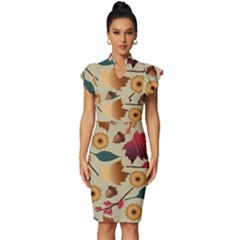 Autumn Leaves Colours Season Vintage Frill Sleeve V-neck Bodycon Dress by Ravend