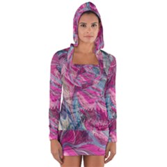 Fuchsia Waves Long Sleeve Hooded T-shirt by kaleidomarblingart