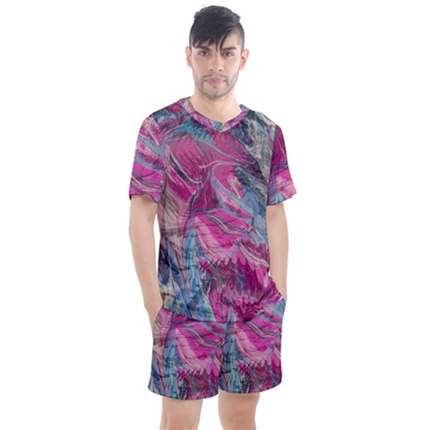 Fuchsia Waves Men s Mesh T-shirt And Shorts Set by kaleidomarblingart