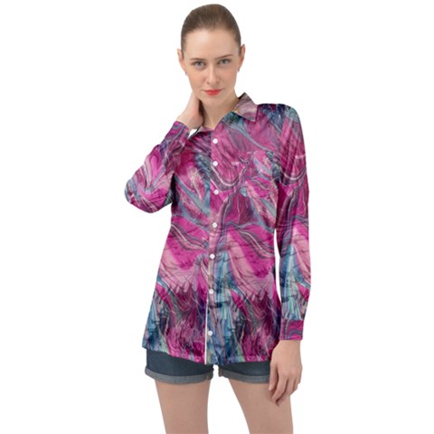 Fuchsia Waves Long Sleeve Satin Shirt by kaleidomarblingart