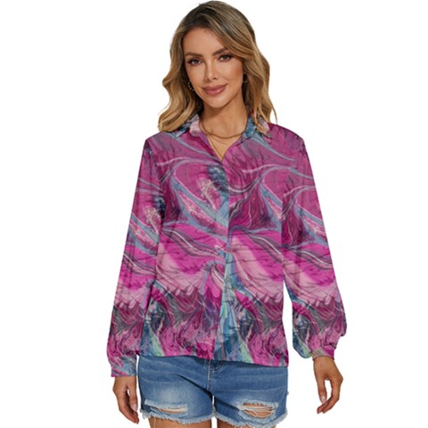 Fuchsia Waves Women s Long Sleeve Button Up Shirt by kaleidomarblingart