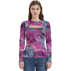 Fuchsia Waves Women s Cut Out Long Sleeve T-shirt by kaleidomarblingart