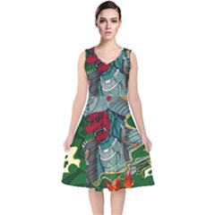 Armor Japan Maple Leaves Samurai Mask Cut V-neck Midi Sleeveless Dress  by Ndabl3x