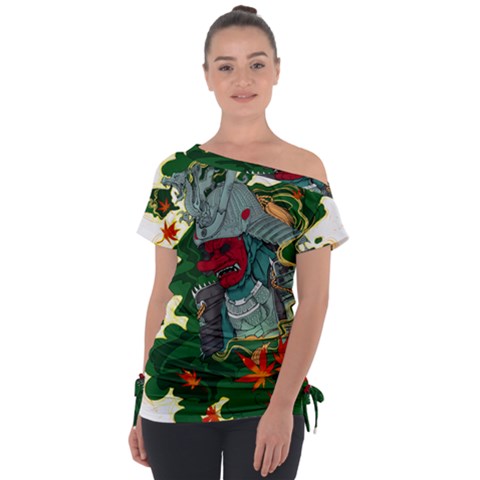 Armor Japan Maple Leaves Samurai Mask Cut Off Shoulder Tie-up T-shirt by Ndabl3x