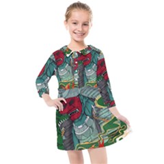 Armor Japan Maple Leaves Samurai Mask Cut Kids  Quarter Sleeve Shirt Dress by Ndabl3x