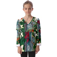 Armor Japan Maple Leaves Samurai Mask Cut Kids  V Neck Casual Top by Ndabl3x