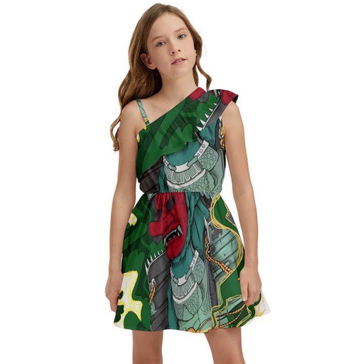 Armor Japan Maple Leaves Samurai Mask Cut Kids  One Shoulder Party Dress