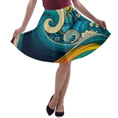 Waves Ocean Sea Abstract Whimsical Abstract Art 3 A-line Skater Skirt by Ndabl3x