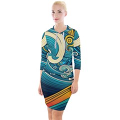 Waves Ocean Sea Abstract Whimsical Abstract Art 3 Quarter Sleeve Hood Bodycon Dress by Ndabl3x